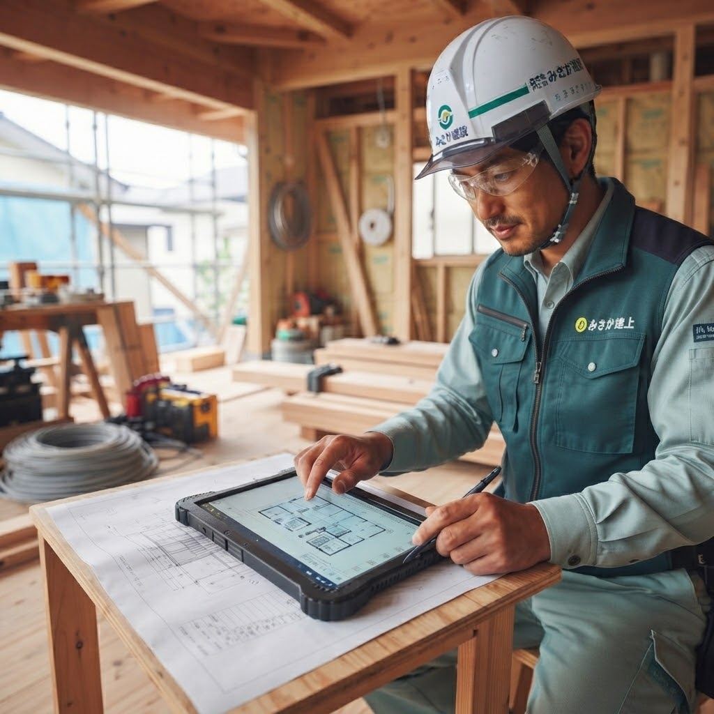 工務店の現場でタブレットを使う職人