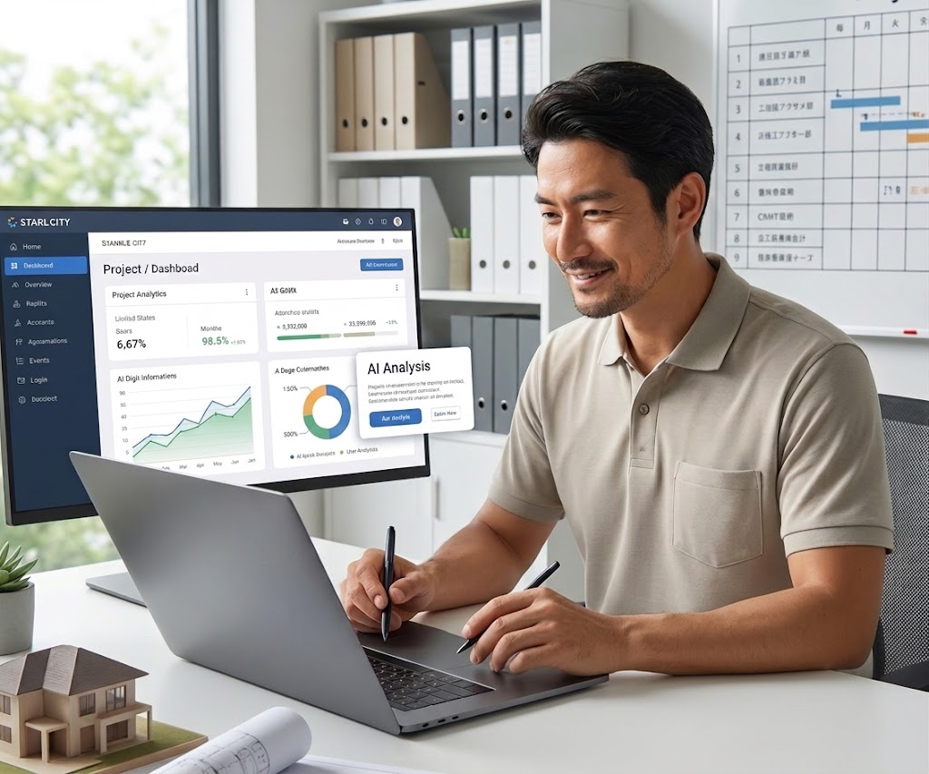 工務店の事務所でPC作業をする様子